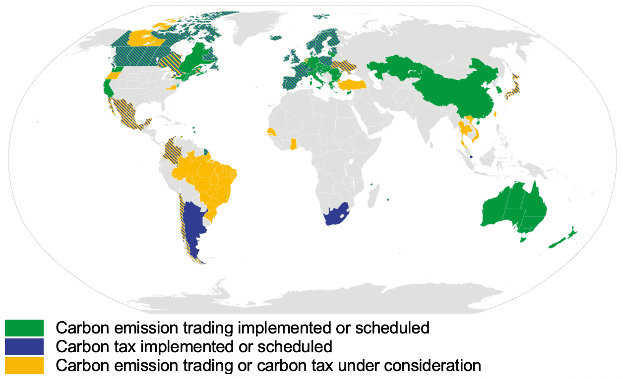 Figure 2: Carbon emission trading and carbon tax around the world (Source: Wikimedia Commons. Data as of 2019)