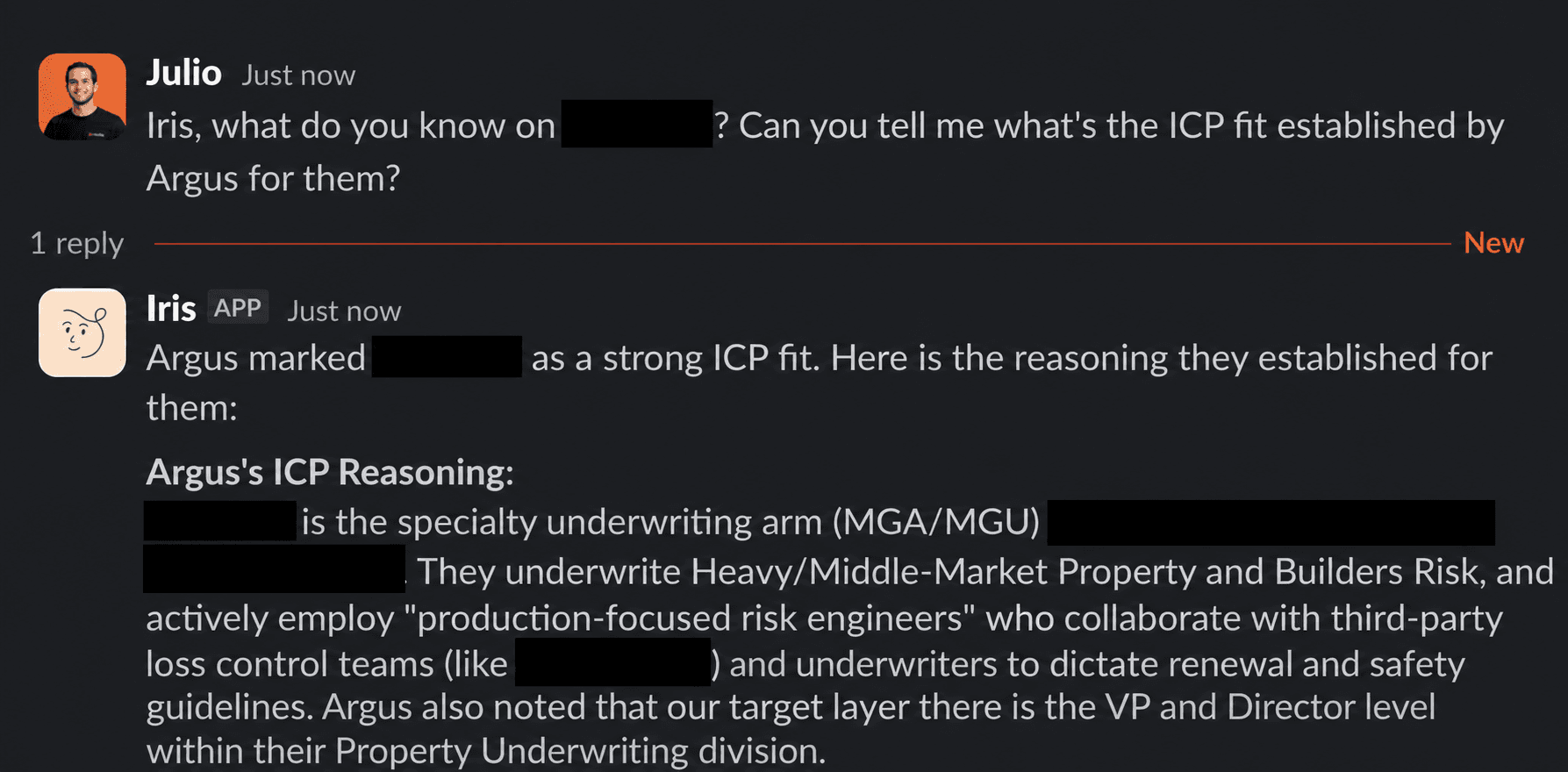 Iris explains an account’s fit using Argus’s research in their shared lead book.