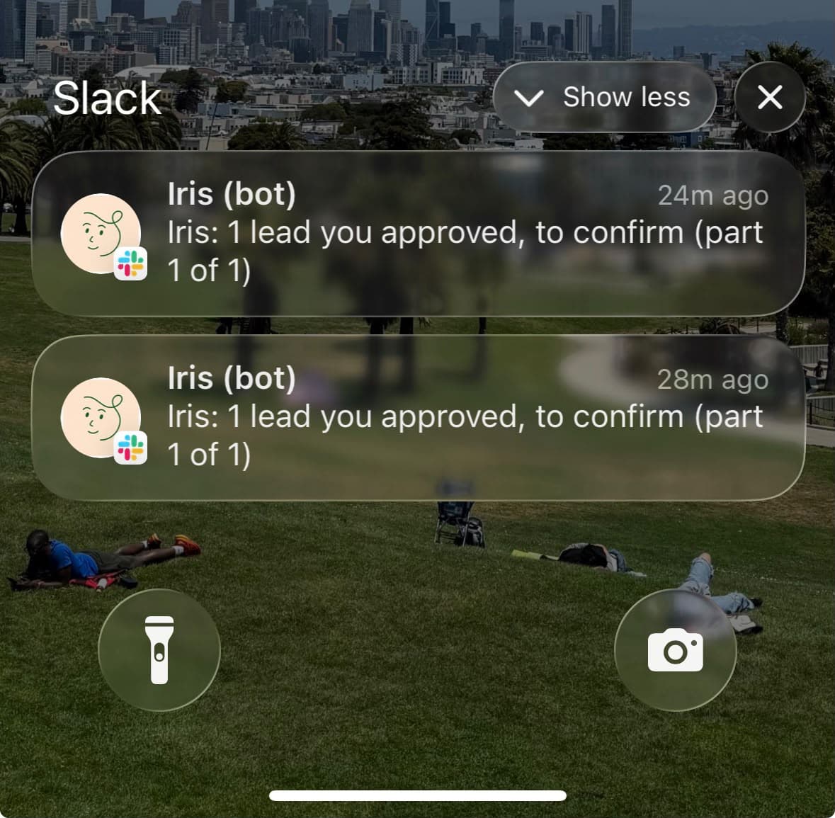 Iris sends Slack notifications to Julio’s phone requesting confirmation of approved leads.