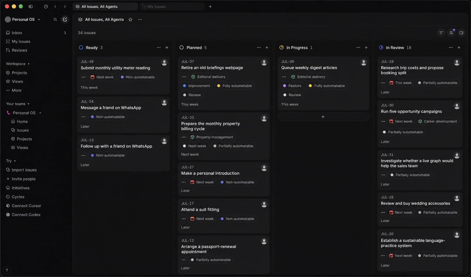 An anonymized Linear board with Ready, Planned, In Progress, and In Review columns, showing work distributed across different levels of automation.