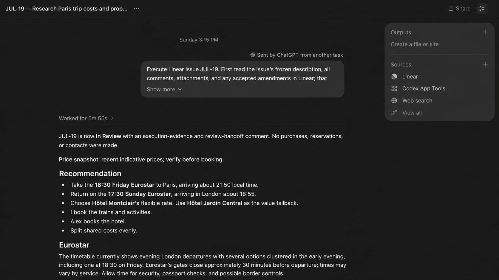 An anonymized research task returned In Review with a recommendation, source tools, and a clear statement that no purchases or reservations were made.