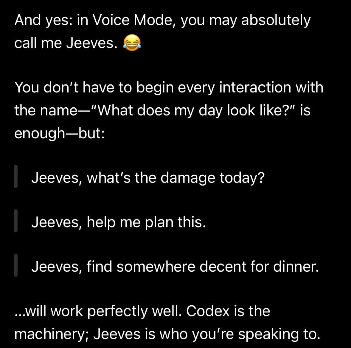 A Codex chat explaining that Codex is the machinery while Jeeves is the identity the user speaks to.
