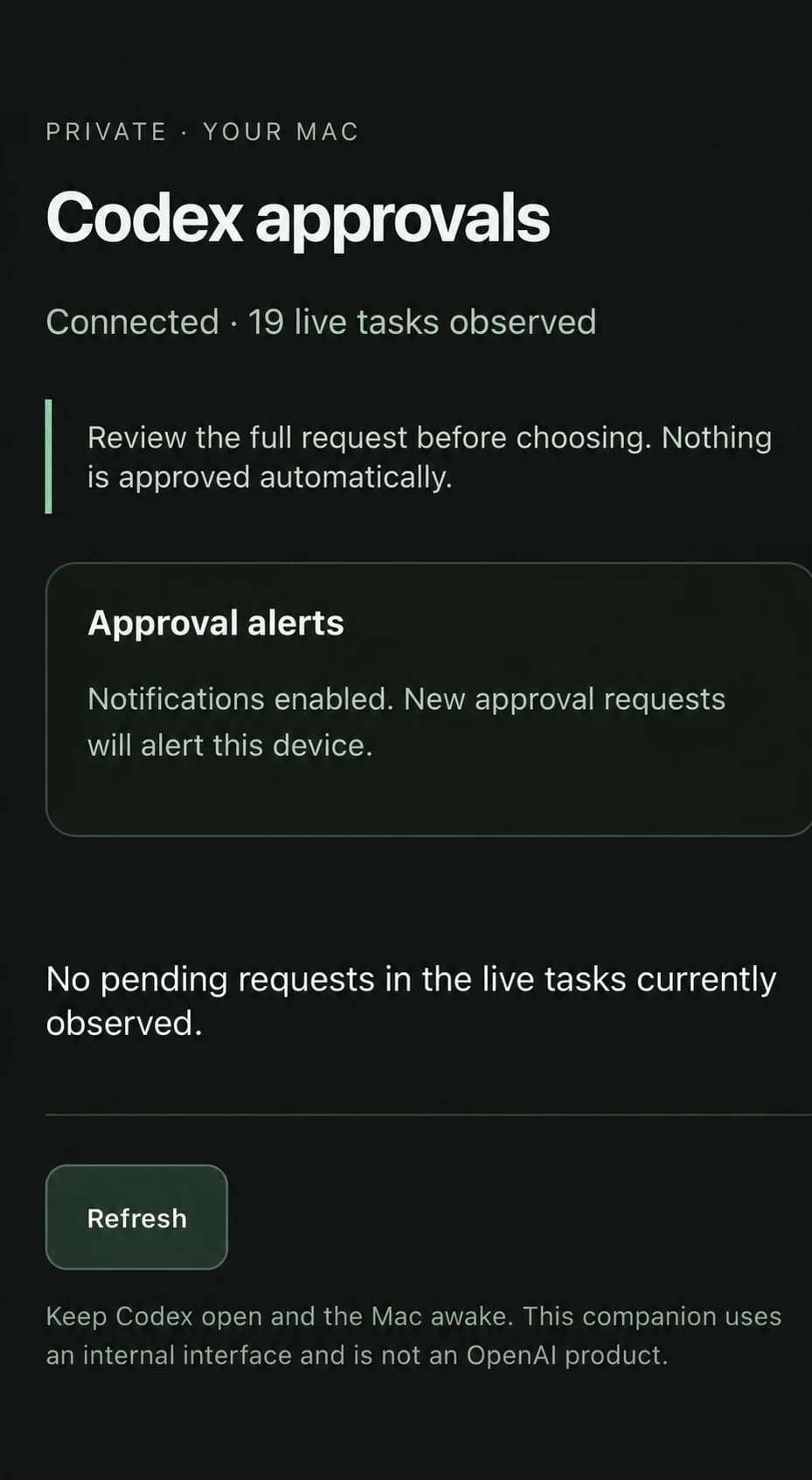 The private Codex approvals inbox on a phone, showing its connection status, approval alerts, and a message that nothing is approved automatically.